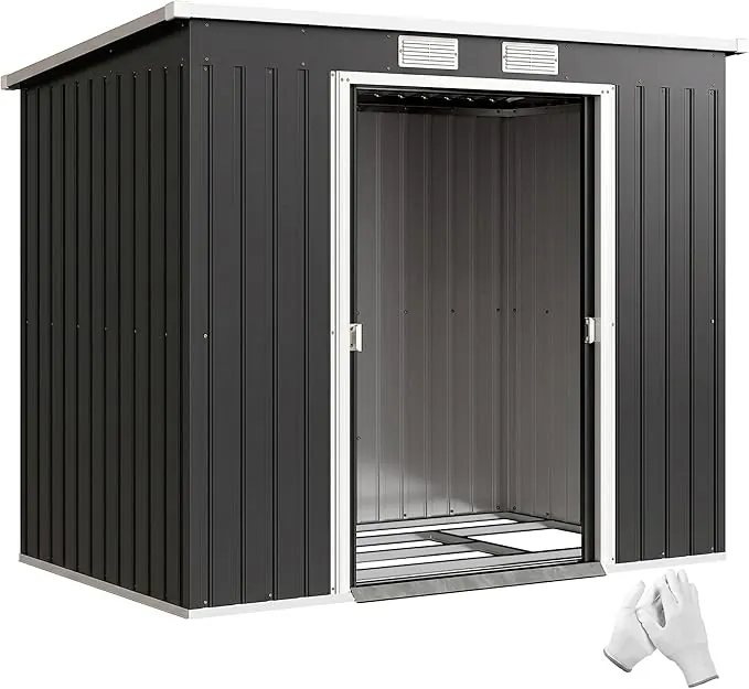 Outsunny Caseta de Jardín Exterior 2,4 m², 213x130x172 cm, Cobertizo de Jardín Exterior Metálico con Puerta Corredera, Techo Inclinado, Base Refuerzo (Suelo NO Incluido) y 2 Ventanas, Gris Oscuro
