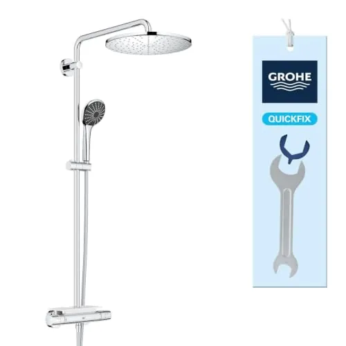 GROHE Vitalio Joy 310 - Columna de ducha con termostato (ducha de lluvia 31cm, termostato antiquemaduras, repisa, bloqueo a 38°C, 3 tipos de chorro), cromo, 26401001