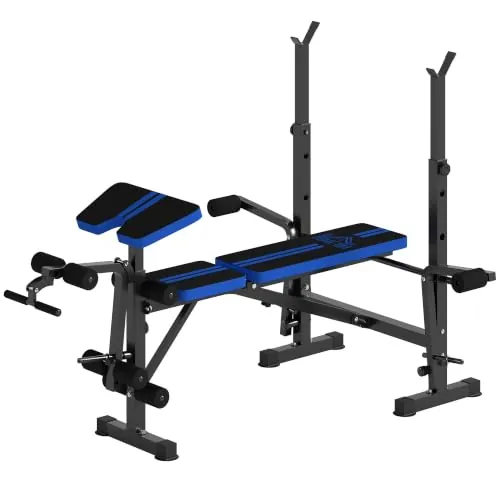 HOMCOM Banco de Musculación Multifuncional con Respaldo Ajustable Azul | Soporte para Barras Regulable, Extensión de Piernas, Curl de Predicador, Mariposa, Carga 200 kg, Entrenamiento Casa Gimnasio