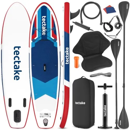 tectake® Tabla de Paddle Surf Hinchable, Incluye Remo 2 en 1, Asiento Incorporado de Kayak, Sup Hinchable, Bomba de Aire, Mochila Remo Doble y 3 Aletas, Tabla Hinchable, Carga Máx: 200kg - Rojo/Azul