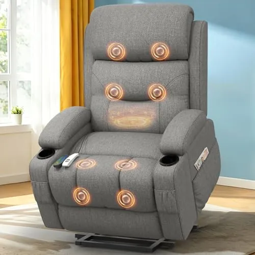 Srfzluxy Sillón reclinable con función de masaje y calefacción, sillón elevable para ancianos con puertos Type-C y USB, 4 bolsillos laterales, 2 portabebidas, sillón reclinable Rise para salón