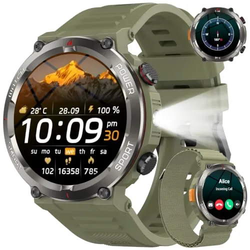 Reloj Inteligente Hombre, Smartwatch Hombre con Linterna, Brújula,2 Correas