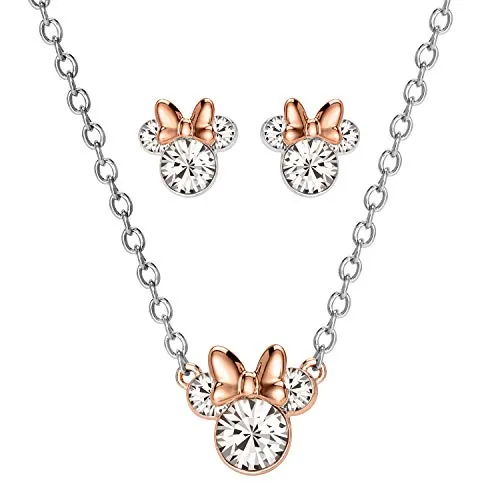 Disney Conjunto Collar y Pendientes Minnie Mouse en Latón, Preciosas Circonitas Blancas, Piedra de Nacimiento de Abril, Aptos para Mujeres y Niñas, Listos para Regalar, Joyas Oficiales