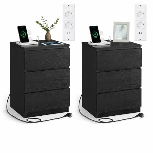 VASAGLE Kailyn Colección - Mesita de Noche con Estación de Carga, Juego de 2, Mesa Auxiliar con 3 Cajones, 2 Tomas AC, 2 Puertos USB, Salón, Dormitorio, Estudio, Negro Ébano LET831B56V2