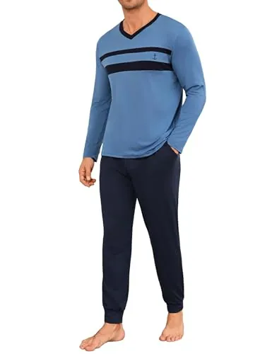 Marvmys Pijama Hombre Invierno Algodón Largo | Conjunto Pijama para Hombre Cuello en V de Manga Larga Contraste con Bolsillo