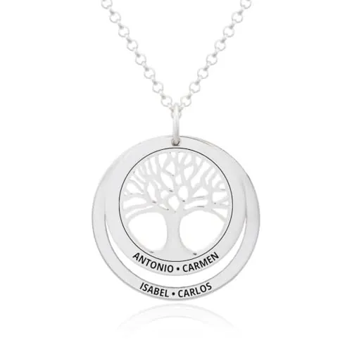 Collar Árbol de la Vida en Plata de Ley 925 personalizable. Cadena de 45cm. Regalo ideal madre abuela con nombres familia. Cumpleaños, Navidad. Hecho en España. (Collar Árbol de la Vida + 1 Aro)