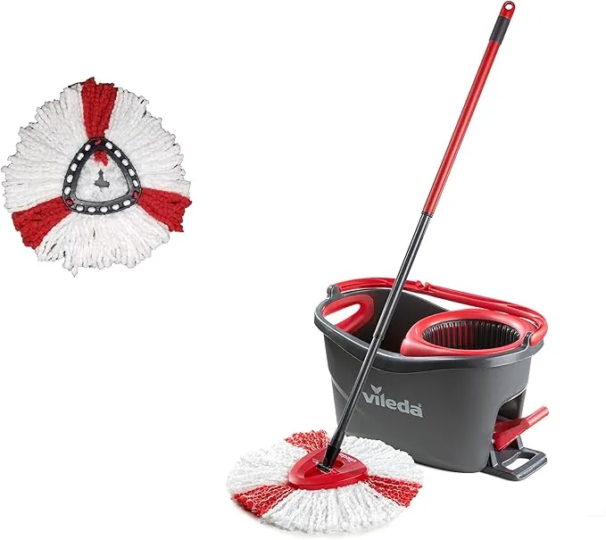 Vileda Turbo - Juego de fregona con Palo telescópico, Cubo escurridor Giratorio y Recambio de microfibras, Incluye 1 Recambio Adicional, Color Negro y Rojo, Formato Caja