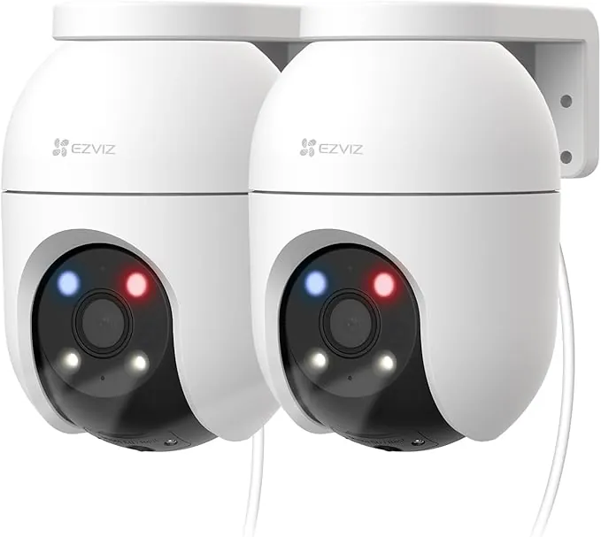 EZVIZ C8c 3K Kit de 2 Cámara WiFi Exterior 360°, Visión Nocturna en Color, Detección de Humanos/Vehículos con IA, Seguimiento Automático con Zoom, Defensa Activa con Luces/Sirena, Compatible con Alexa
