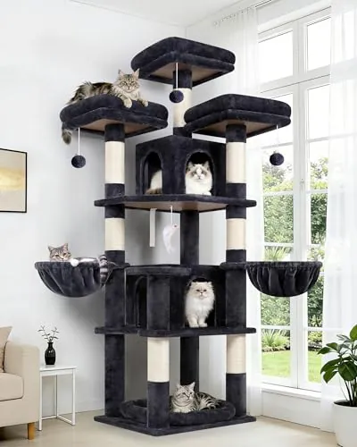 Globlazer Árbol para Gatos 174 cm con 3 Perchas Acolchadas, 2 Nidos, 2 Cesta, Cama Mascotas Extraíble, Postes de Sisal, Estable Castillo Rascador para 2-4 Gatos Adultos Interior (F68B, Gris Oscuro)