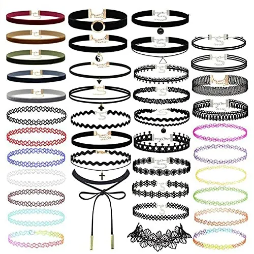 JIAMIAN 40 Piezas Mujer De Encaje Negro Collares, Collar Clásico De Encaje Gótico, Juego De Gargantilla Ajustable, Tattoo Choker Elástico, Para Las Niñas Mujeres