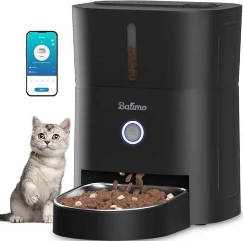 Balimo Comedero Gato Automatico, 2.4G WiFi Dispensador Comida Gatos, 3L Comedero Automatico Gato, Bol de Acero Inoxidable 304, 1 a 10 Comidas, Negro