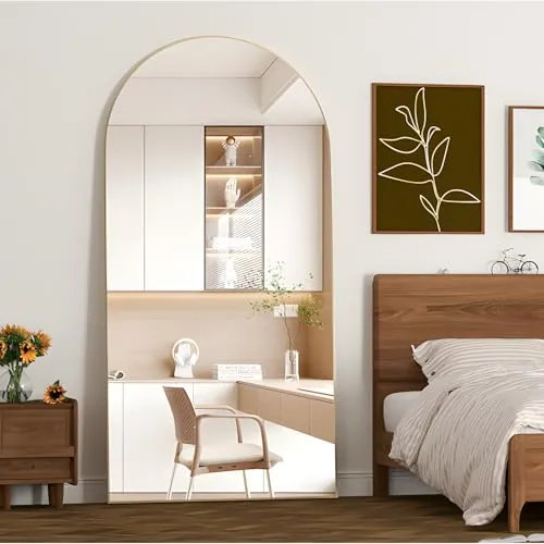 NEUWEABY Espejo de Cuerpo Entero 180 x 80 cm Espejo arqueado Oro Espejo de Suelo arqueado con Soporte Colgado o Apoyado en la Pared para la Entrada del Dormitorio, Sala de Estar
