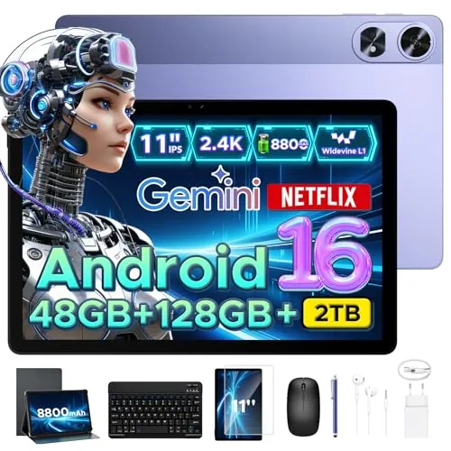 POPUX P11 Pro Tablet Android, Tablets 11 Pulgadas, 48GB RAM+128GB ROM, Tablets Android 16 con Gemini AI, 2.4K 90Hz, T7250 Octa-Core, 8800mAh, 13MP+5MP, 5G WiFi, Tablet con Lapiz&Teclado, Morado