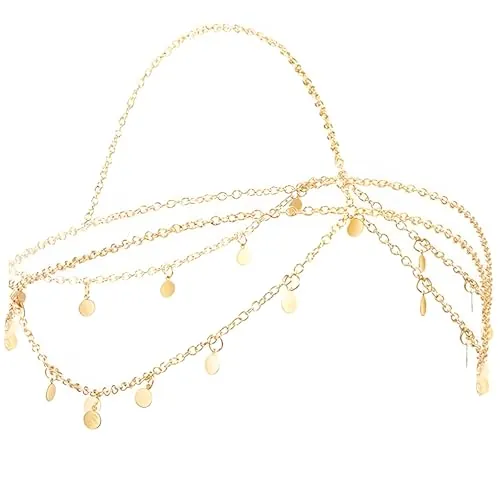 Cadena de cabeza dorada,Diadema Dorada con Lentejuelas,Estilo Bohemio para Cabeza,Cadena de Oro con Lentejuelas para Mujeres y Niñas,para el cabello de boda, festival, disfraz ﻿