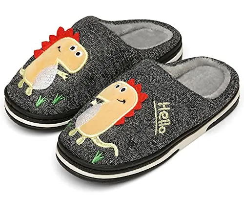 INMINPIN Zapatillas de Estar por Casa para Niñas Niños Caliente Pelusa Pantuflas de Invierno Lindo Zapatos Interior de Algodón con Dinosaurio de Dibujos Animados,Negro Gris,37/38 EU=Fabricante 38/39