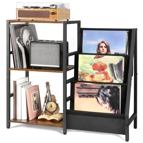 Bikoney Tocadiscos de Vinilo Stand – Mesa Auxiliar 3 Niveles | Almacenamiento para Hasta 200 Álbumes, Soporte de Vinilos para Sala de Estar