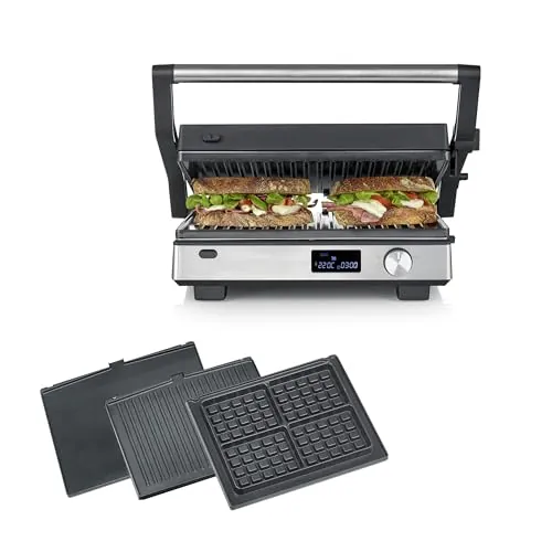 SEVERIN grill de contacto S-Joy Sevini FLEX, grill multicontacto 3 en 1, recubrimiento cerámico de óptima calidad, superficie XL, placas aptas para lavavajillas, 2000W, negro/acero inoxidable, KG 2380