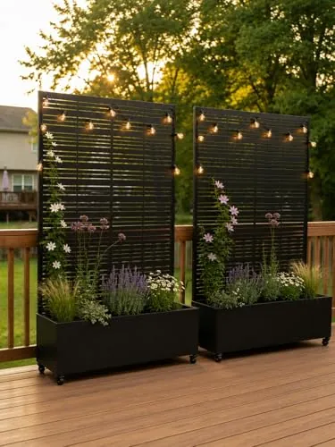 TinFrey Huerto Urbano Elevado con Celosía, Jardineras Grandes para Exterior con Ruedas y Enrejado, Macetero de Metal para Privacidad, Ideal para Flores, Verduras y Plantas Trepadoras en Balcón
