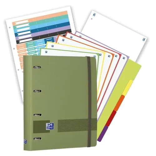 Oxford, Pack Archivador Live & Go A4+ 4 Anillas, Plástico Polyfoam, Incluye 2 Recambios con 5 Bandas de colores vivos, Cuadrícula 5X5 y Separadores de Plástico, Color Safari