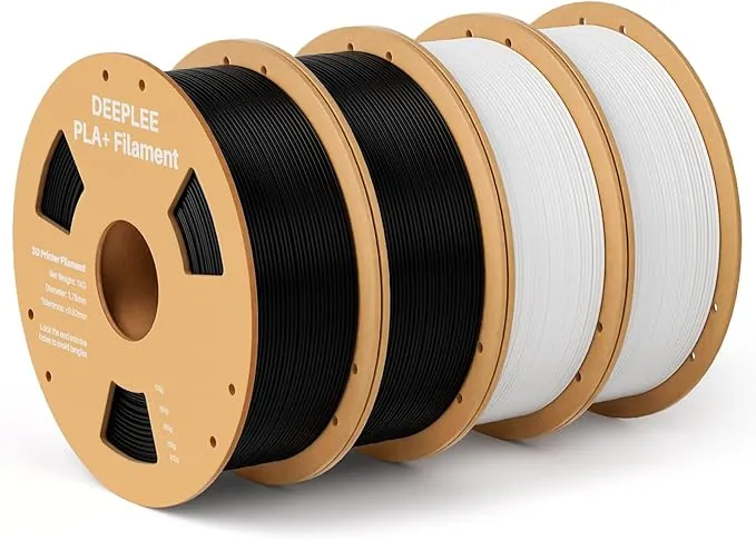 DEEPLEE Filamento PLA+ 1.75 mm, Kit 4 Bobinas (2 Negro + 2 Blanco) 4kg. Mayor Resistencia y Dureza. Precisión ±0.02 mm, Sin Atascos. Compatible con FDM.