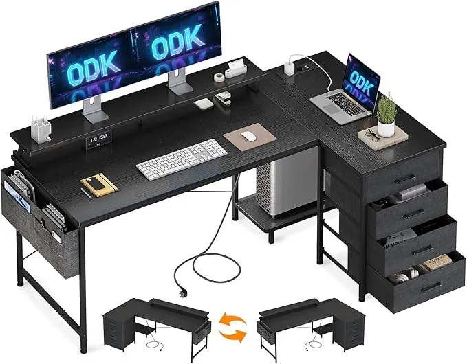 ODK Escritorio Esquinero con 4 Cajones de Tela, 160x80cm Escritorio en L Reversible con 2 Puertos de Carga USB y 2 Enchufes, Mesa en L con Estante para Monitor para Oficina en Casa, Negro