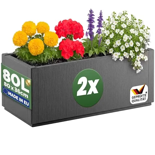 CASARIA® Set 2X Jardinera Exterior 80L Macetero Rectangular Grande con Drenaje Integrado Resistente Intemperie Flores Plantas Cultivo Huerto Urbano Terraza Balcón Jardín Patio 80x36x35cm Terracota