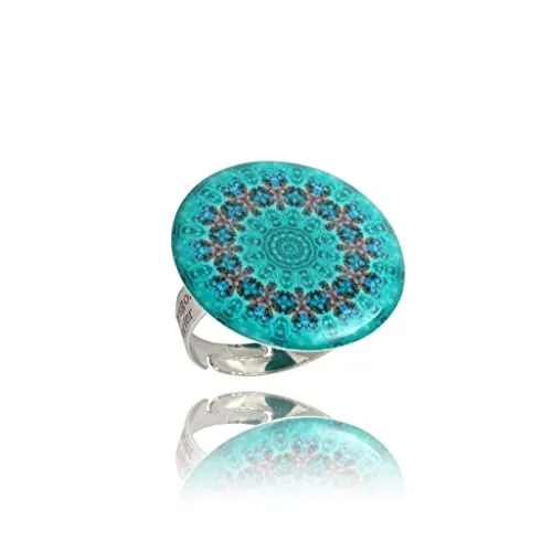 Dragon Porter Anillo Llamativos Ajustables Boho Grande Redondo Mandala Diseño; Joyería para Mujer (Estilo 13 - Azul Turquesa)