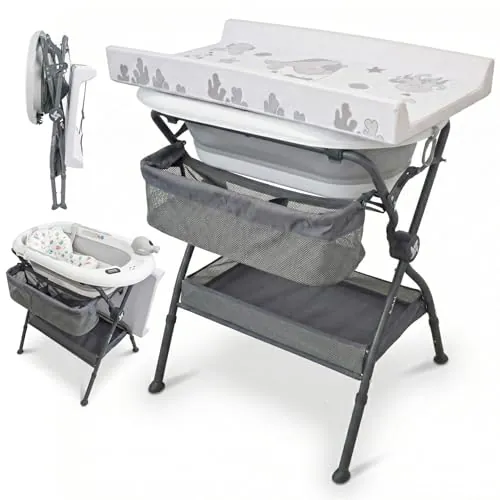 Twinly Bubbly – Bañera Cambiador Plegable para Bebé 2 en 1 – Altura Regulable Ergonómica, Bañera Extraíble para Playa y Viajes, Soporte Estable con Desagüe, Ideal para Baños Pequeños (Gris)