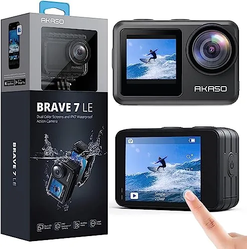 AKASO Brave 7 LE Cámara Deportiva WiFi 4K 20MP, Cámara de Acción con EIS 2.0 Pantalla Táctil, Cámara Acuatica Sumergible 40M, Control Remoto 2x1350mAh Baterías Multi Accesorios
