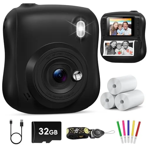 Hangrui Camara Fotos Infantil Instantanea, 1080P Camara Fotos Infantil, Cámara Instantánea para Niños con Tarjeta de 32GB,Papel de Impresión y Bolígrafos de Colores, Regalos Juguete-Negro