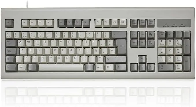 Perixx PERIBOARD-106M, Teclado USB Eficiente Full Size, Teclas Ergonómicas Curvadas, Estilo Retro Clásico, Color Gris y Blanco, QWERTY Español