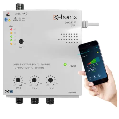 D-Home - Amplificador de TV TNT de interior 3 salidas 28dB Conectado Filtro 4G-5G - Funciona con la aplicación móvil TV Finder para encontrar la mejor señal disponible. Para cualquier antena