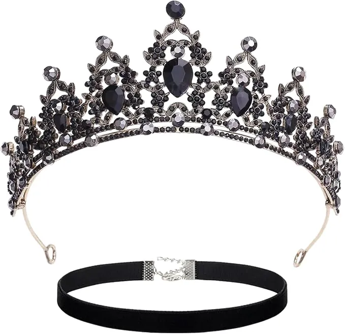 1 tiara de corona con 1 gargantilla, diadema de princesa hecha a mano con diadema de corona de diamantes de imitación, tiara de corona de cisne negra para mujeres, tiara de corona negra (negro), no,