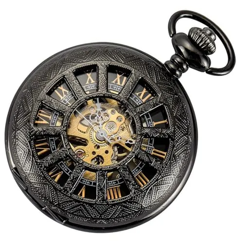 ManChDa Reloj de bolsillo con cubierta de lupa especial, relojes mecánicos de bolsillo, esqueleto de mano, números romanos steampunk, reloj antiguo y cadena + caja de regalo, C1-b. Negro, dorado,