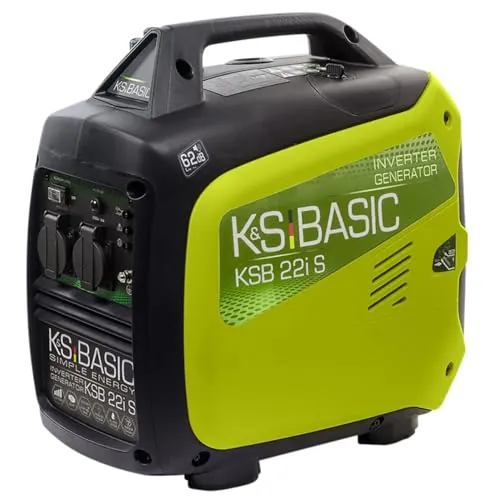 K&S BASIC KSB 22i S Generador inverter 2000 W, conversión electrónica, generador de gasolina silencioso y ligero, Euro V, 2 enchufes de 16 A (230 V), modo ECON, carcasa de aislamiento acústico