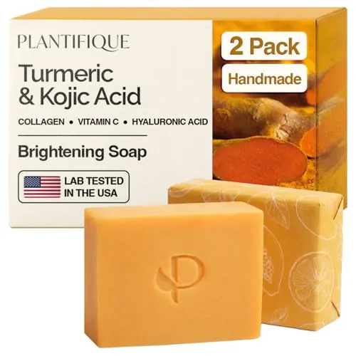 PLANTIFIQUE Jabón de Cúrcuma y Ácido Kójico | Testado en Laboratorio | 2 Barras con Vitamina C, Ácido Hialurónico y Colágeno | Jabón Facial para las Manchas | Turmeric & Kojic Acid Soap 160g