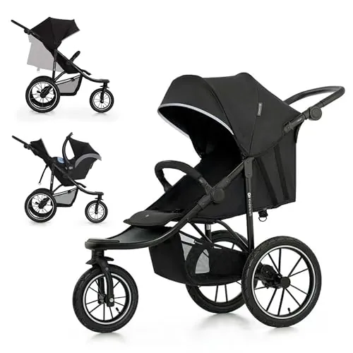 Kinderkraft HELSI 2, Jogger, Silla de Paseo, Para Bebés, 3 Ruedas, Para cada Terreno, Desde el Nacimiento hasta 22 Kg, Rueads Neumaticas, Off Road, Cesta Grande, Negro