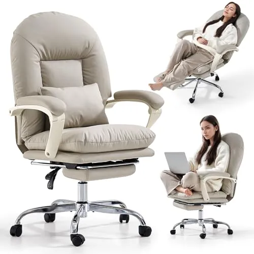 EMIAH Silla de Escritorio Ergonómica con Reposapiés, Cuero PU, Beige