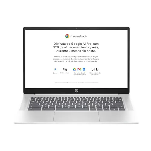 HP Chromebook - Ordenador portátil de Google 14" FHD (Intel N100, 8GB RAM, 128GB eMMC, ChromeOS) + Suscripción Google AI Pro con Gemini Pro y 5TB de Almacenamiento Durante 3 Meses - QWERTY Español