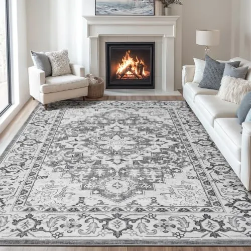 Terven Alfombra Vintage Gris Salón 120x180 cm Pelo Corto Lavable | Alfombra vintage lavable, antideslizante, pelo corto suave, rectangular, ideal para salón, dormitorio, comedor