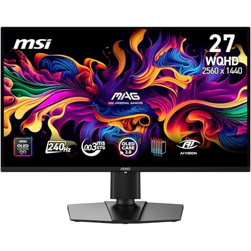 MSI mag 274QPA QD-OLED X24 de 27" - Monitor Gaming, WQHD, Panel QD-OLED de 2560 x 1440, 240 Hz, 0,03 ms, Compatible con G-Sync, AMD FreeSync Premium, HDMI 2.1, DP 1.4a, Altura Ajustable, ngreo