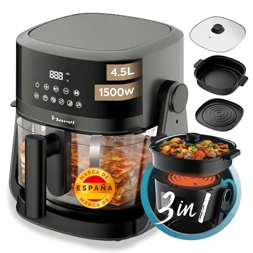 Narvi Freidora de Aire 4,5L 1500W – Air Fryer 3 en 1 con Cazuela y Parrilla, Cocción 360°, Freidora de Aire Panel Digital Táctil, 6 Menús Automáticos, Ventana Visible, Sin BPA