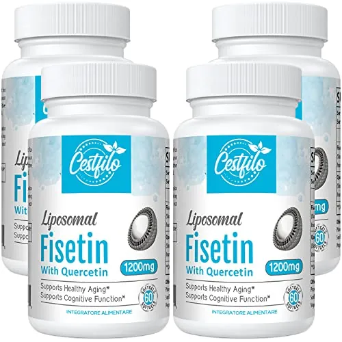 liposomal Fisetina con quercetina 60 cápsulas blandas - Alta dosis de 1200 mg por ración - Máxima biodisponibilidad - Senolítico natural antienvejecimiento por Cestfilo (60 unidad (Paquete de 4))