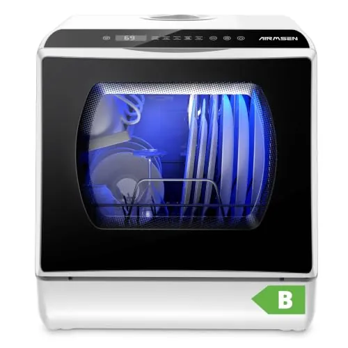 AIRMSEN Mini Lavavajillas de Sobremesa con 5+1 Programas, Depósito de 5 Litros, 2 Formas de Suministro de Agua, Control Táctil y Pantalla LED, Ideal para Cocinas Familiares, Apartamentos y Dormitorios