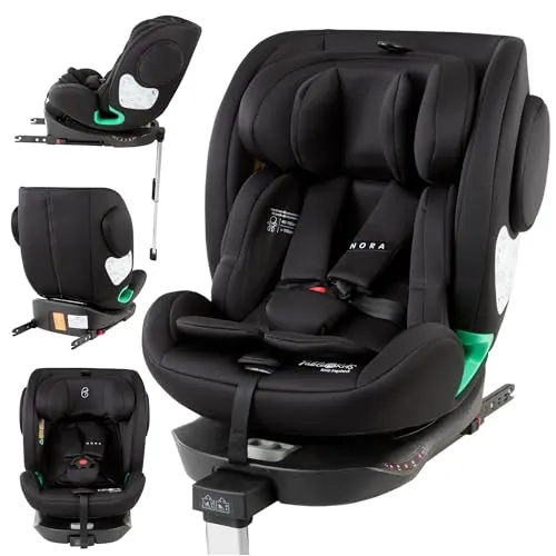 FableKids NORA Asiento infantil negro | Giratorio 360° i-Size asiento infantil 40 – 150 cm | Reboarder con ISOFIX y pata de apoyo | Reposacabezas y respaldo ajustables en altura | Certificado ECE R129
