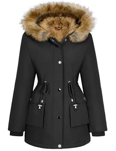 Lonya Chaqueta Mujer Invierno Abrigo Repelente al agua Larga Parka con Capucha Cremallera Forro Polar Térmica Hooded Jacket Negro,S