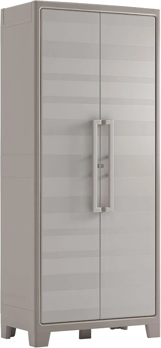 Keter Armario Gulliver Escobero|Almacenaje Interior y Exterior|Resina|Resistente al Agua, 2 Puertas y 8 Baldas Regulables en Altura|Beige/Arena|80 x 44 x 182 cm