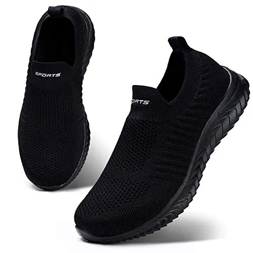 HKR Zapatillas Deportivas Mujer Sin Cordones Ligero Slip-on Malla Casual Tenis Transpirable Zapatos Fascitis Plantar para Caminar Correr Todo Negro 38 EU