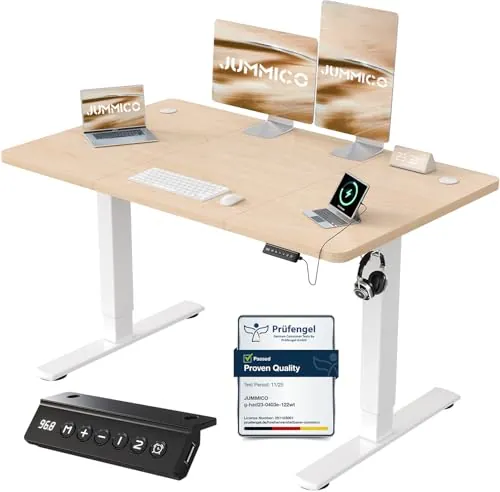 JUMMICO Escritorio Elevable Eléctrico con Cargador USB, Escritorio Regulable en Altura Ergonomica Escritorio de pie Ajustable Smart Panel con Funciones de Memoria, Standing Desk 120 x 60 cm, Beige