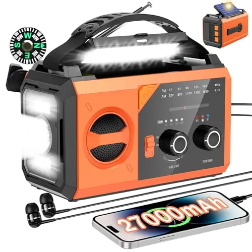 27000mAh Bluetooth Radio Solar de Emergencia con Manivela, Am/FM de Radio 3 Métodos de Carga 8 en 1 Radio Portátil de Emergencia, SOS, Linterna, Brújula, Lámpara de Lectura, Toma de Auriculares